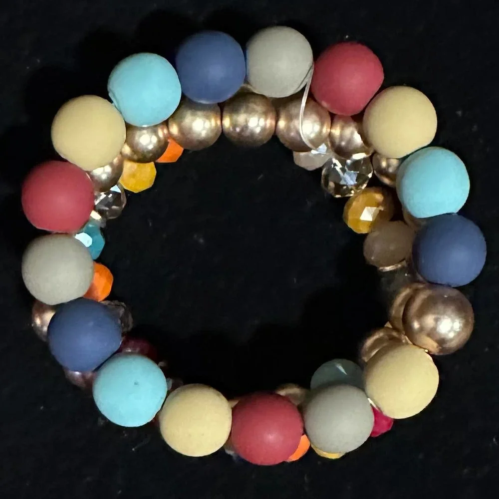 Three Strand Matte & Shiny Rainbow & Gold Beaded Bracelet